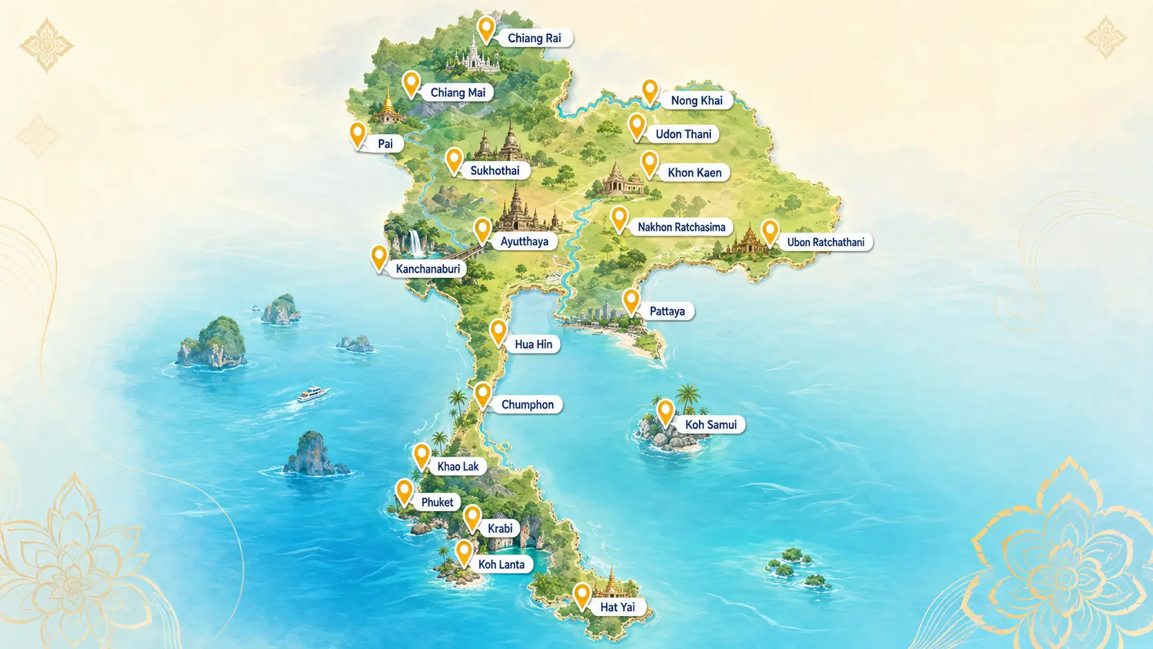 Map of Thailand with popular taxi destinations